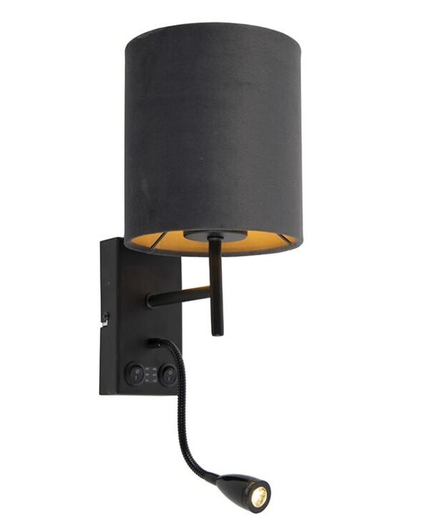 Art Deco wall lamp black with velvet dark gray shade